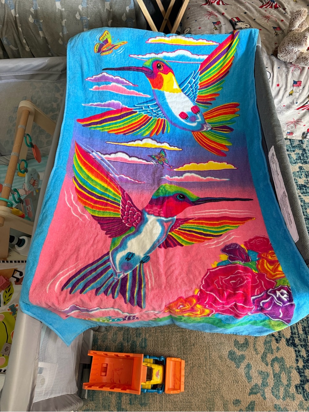 Lisa Frank Rainbow Hummingbird Beach Towel - Blue, Pink, Green, Yellow, Purple